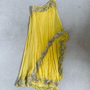 Vintage 1970’s yellow silk one shoulder hand beaded sequin floor length gown